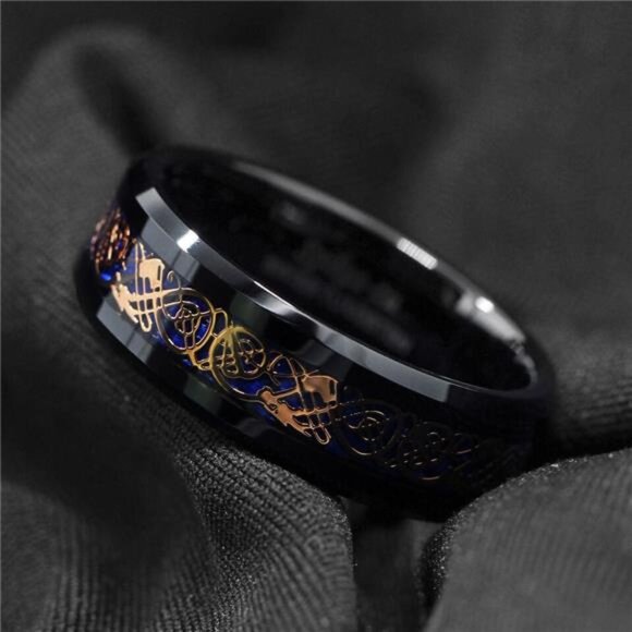 Men's Wedding Band Ring - Rose Gold Celtic Dragon Blue Carbon Fiber Wedding Ring - Picture 4 of 6